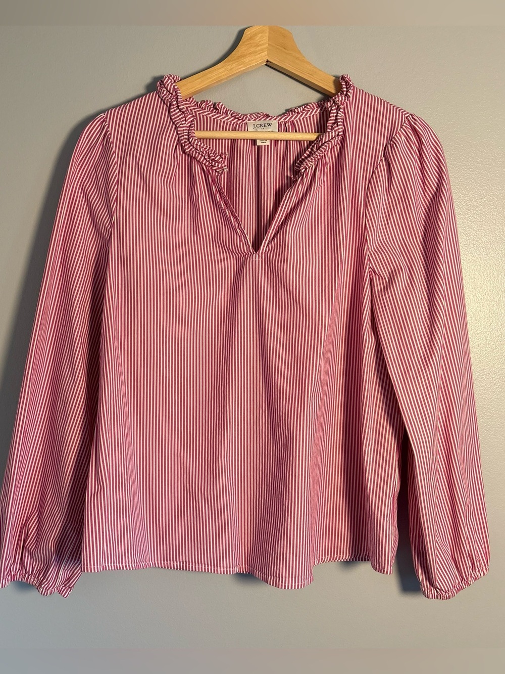 J.Crew Raspberry red and white Striped Ruffle Neck Blouse-size Medium